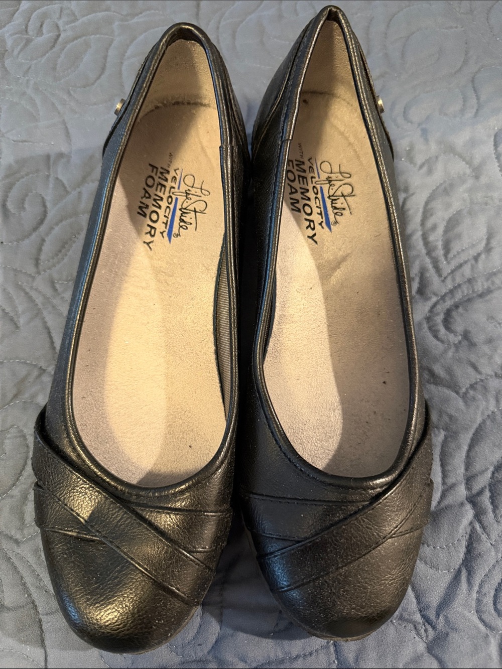 Life Stride Black Slip-On Leather Wedges